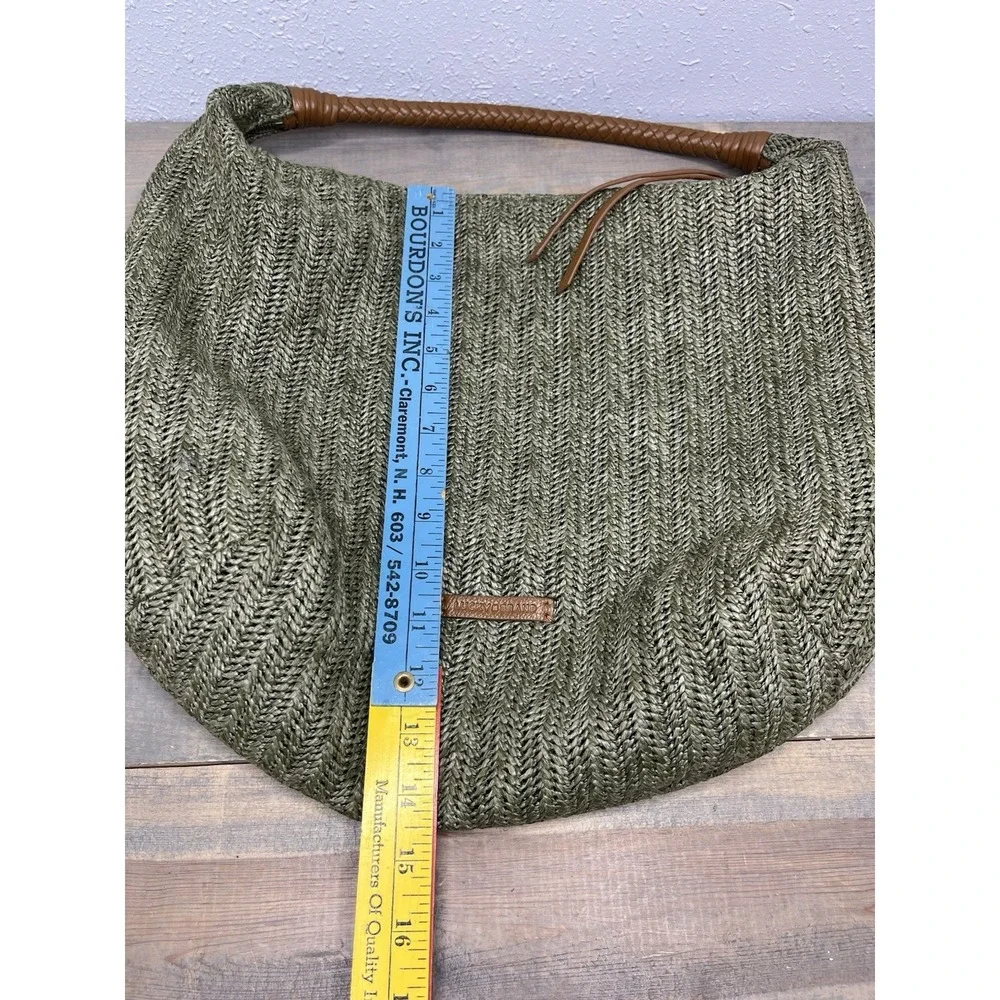 Lucky Brand Purse Olive Green Brown Leather  Handle Bag Fiber Woven Hobo EXC